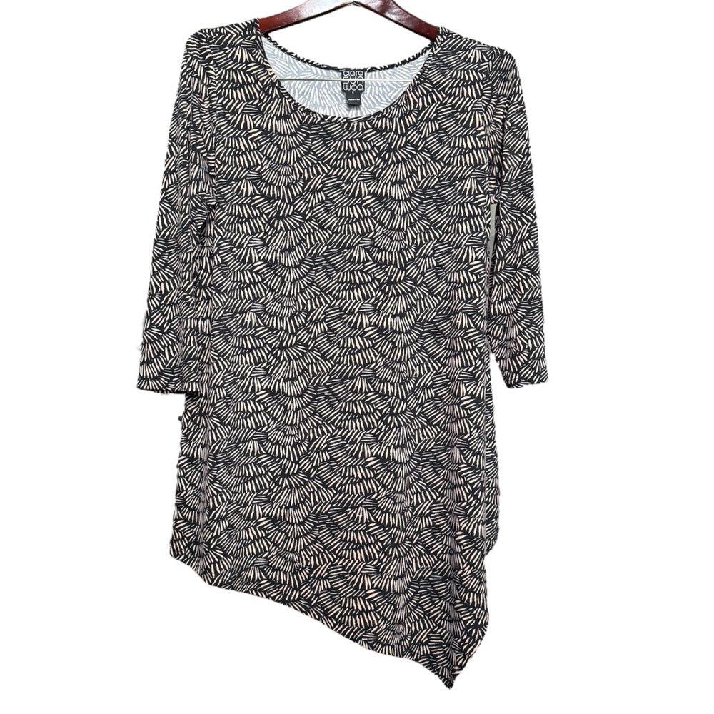 Clara Sun Woo Black Tan Brushstroke Asymmetrical Lagenlook Tunic Top Blouse Smal
